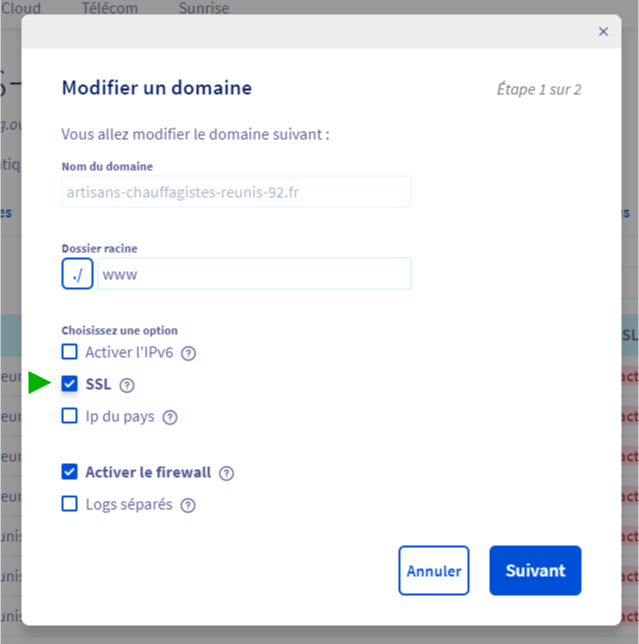 Ajouter HTTPS : Cocher la case SSL