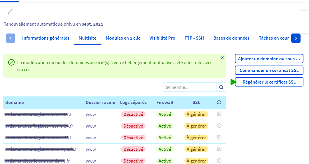 Regenerer SSL : Cliquer sur le bouton