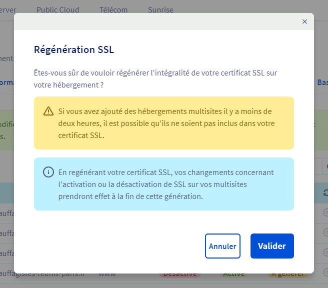 Regenerer SSL : Valider la régeneration