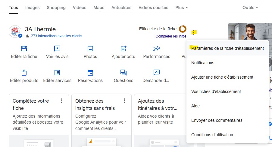 Cliquez sur le menu à trois points à côté de "Efficacité de la fiche" et sélectionnez "Paramètres de la fiche d'établissement" dans le menu déroulant.