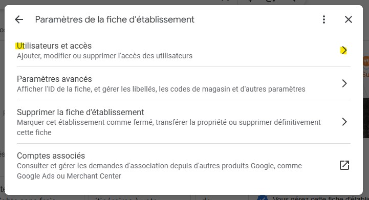 Sur l'écran "Paramètres de la fiche d'établissement" s'affiche, cliquez sur l'option "Utilisateurs et accès".