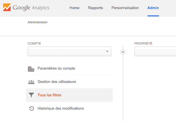 Partie admin de google analytics : Trouver les filtres