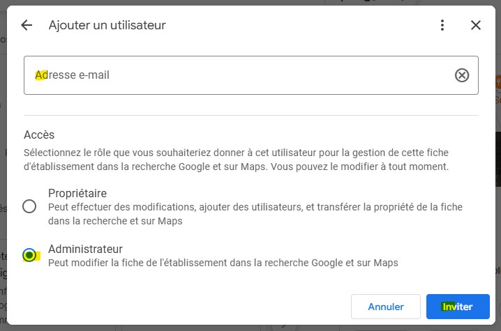 La fenêtre "Ajouter un utilisateur" vous demande une "Adresse e-mail" et offre le choix entre les rôles "Propriétaire" et "Administrateur", avec le bouton "Inviter" en bas à droite.