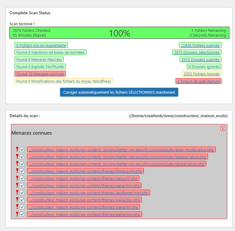 Capture d'écran de l'extension "GOTMLS", plugin de sécurité pour WordPress