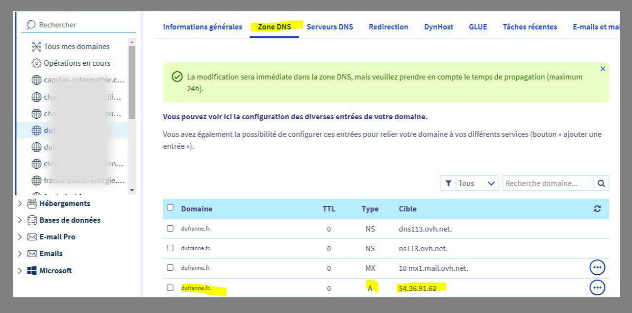 Configuration de l'hebergement externe sur le compte client