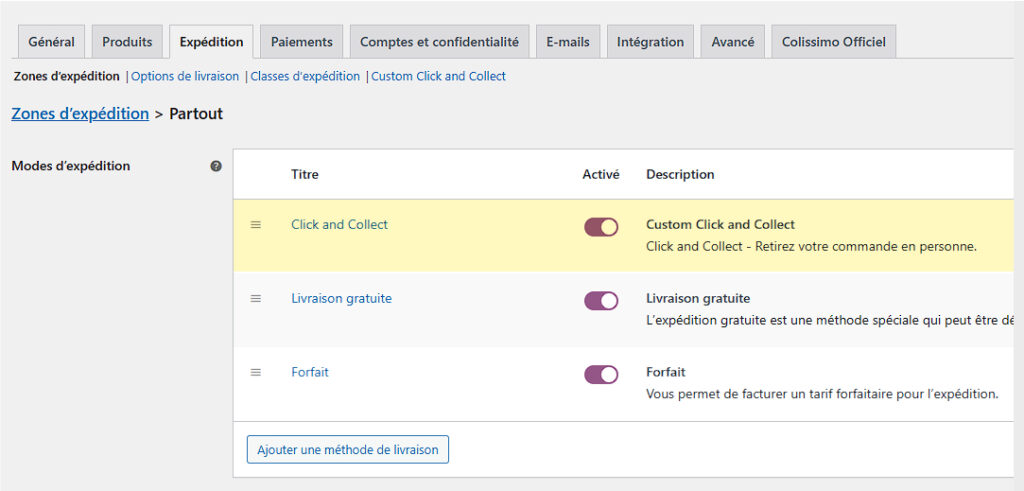 Capture d'écran : Nouveau mode d'expédition disponible dans les Zone d'expédition de WooCommerce