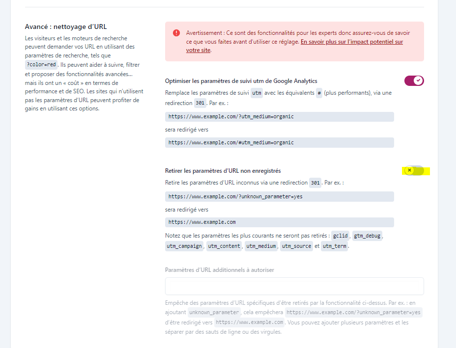 Décocher la case "Retirer les paramètres d’URL non enregistrés"