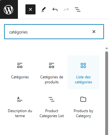 Bloc Gutenberg pour afficher la liste des catégorie de produits sur Woocommerce