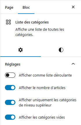 Options de Bloc Gutenberg pour personnaliser l'affichage de la liste des catégorie de produits.